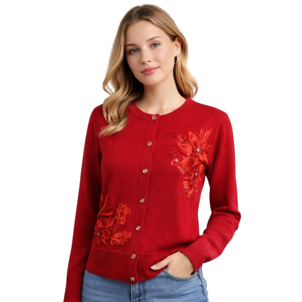 Anton Munay Red Floral Embellished Cardigan PM Petite Statement Knit